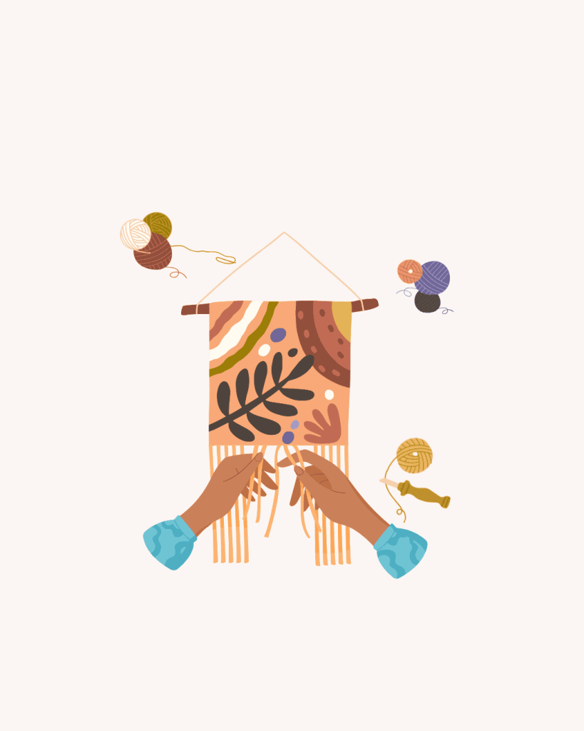 A hanging multi-coloured tapestry being woven from the bottom.